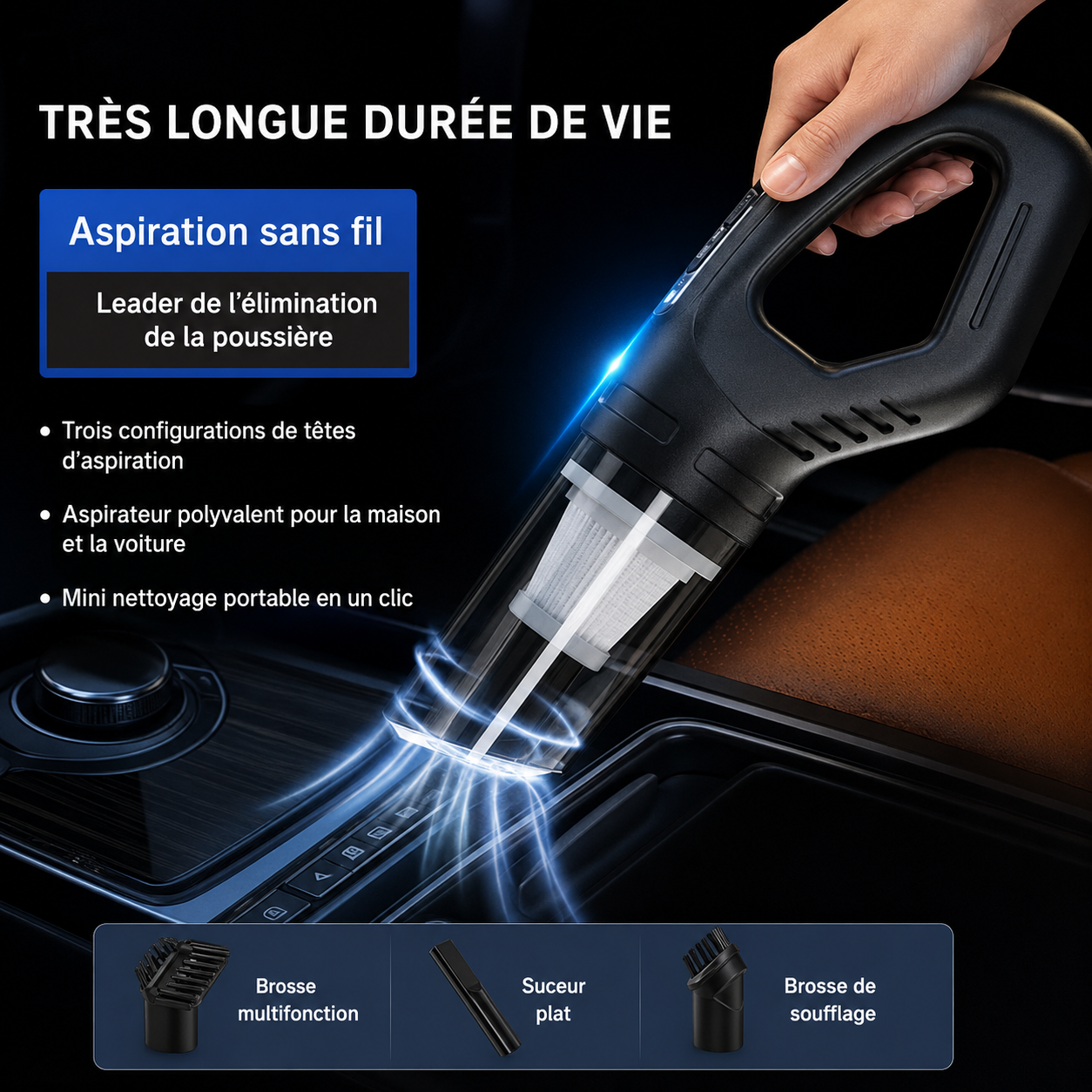 Aspirateur Portable 120W | Puissant, Sans Fil, pour Voiture et Maison