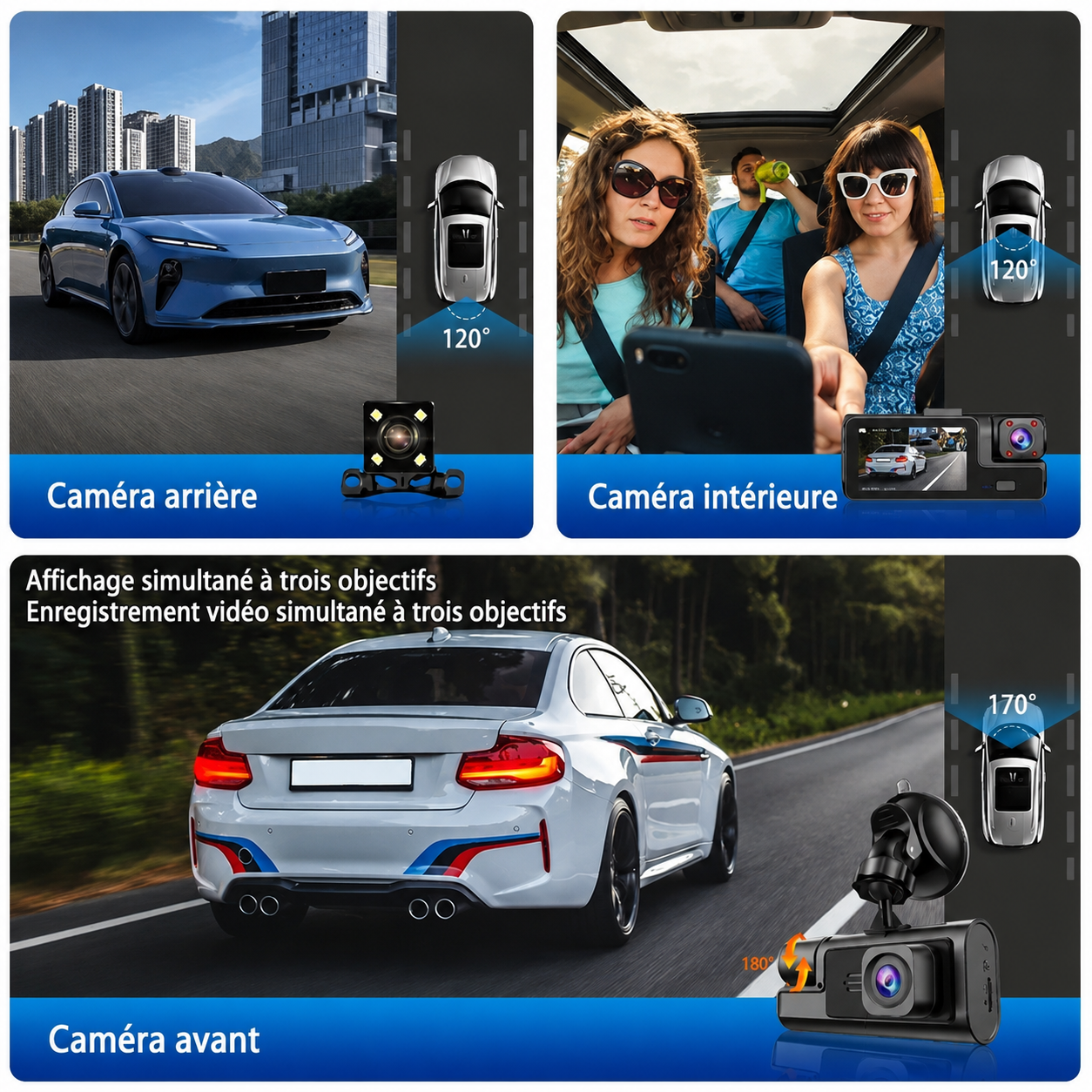 Dashcam 3 Objectifs WiFi | Avant, Arrière, Intérieur — Tout Filmé