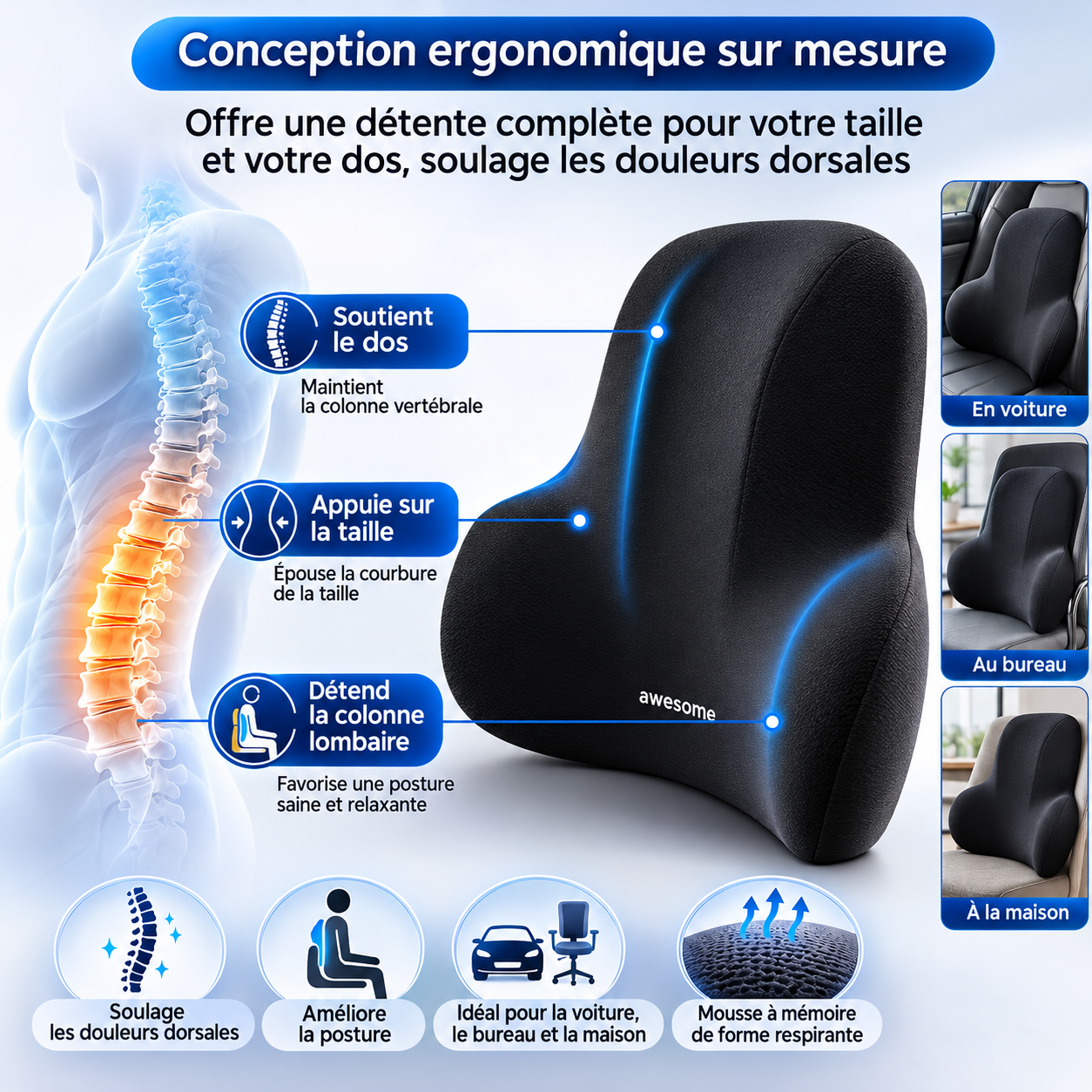 Coussin Lombaire Ergonomique 2-en-1 | Voiture & Bureau, Fini le Mal de Dos