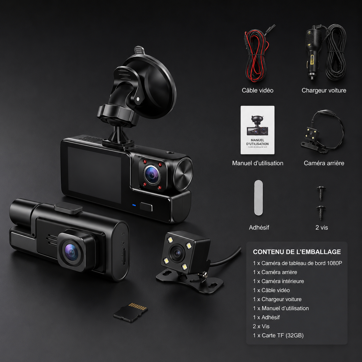 Dashcam 3 Objectifs WiFi | Avant, Arrière, Intérieur — Tout Filmé