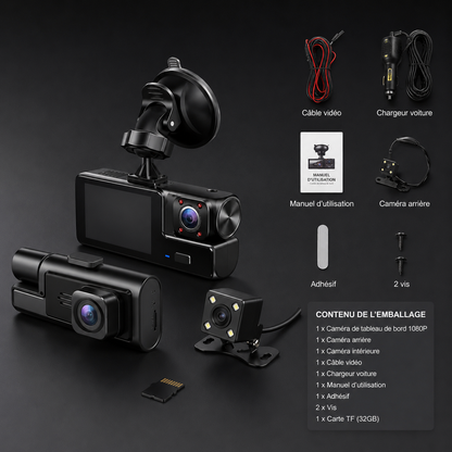 Dashcam 3 Objectifs WiFi | Avant, Arrière, Intérieur — Tout Filmé
