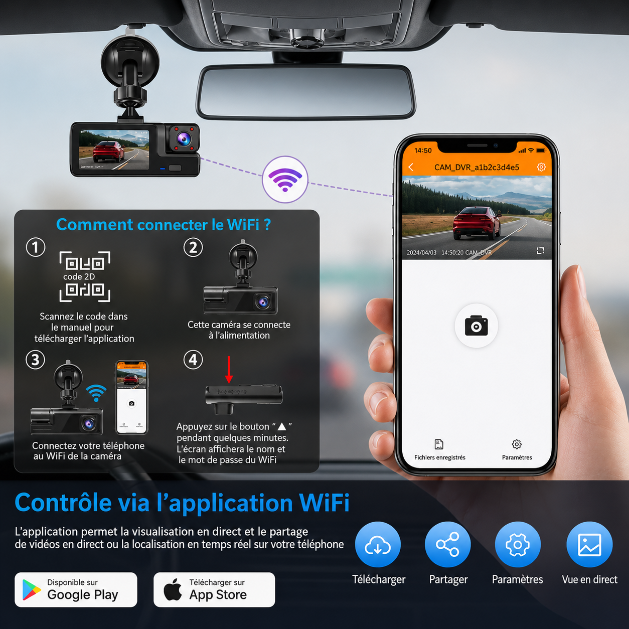 Dashcam 3 Objectifs WiFi | Avant, Arrière, Intérieur — Tout Filmé