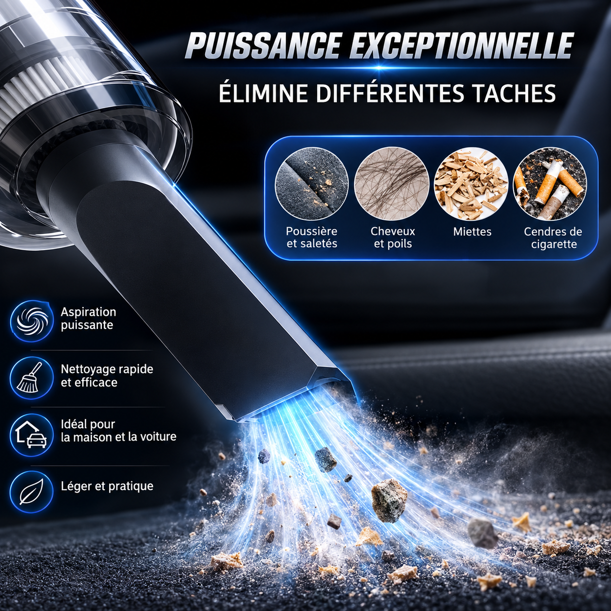 Aspirateur Portable 120W | Puissant, Sans Fil, pour Voiture et Maison