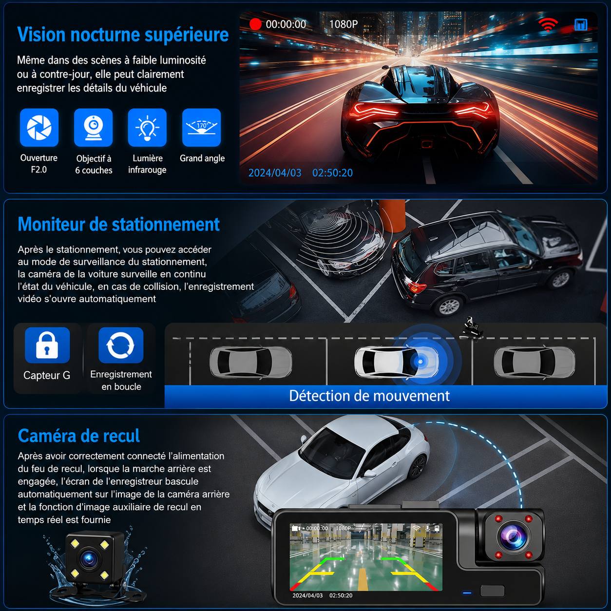 Dashcam 3 Objectifs WiFi | Avant, Arrière, Intérieur — Tout Filmé