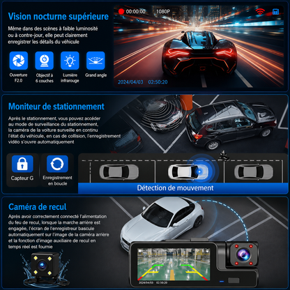 Dashcam 3 Objectifs WiFi | Avant, Arrière, Intérieur — Tout Filmé